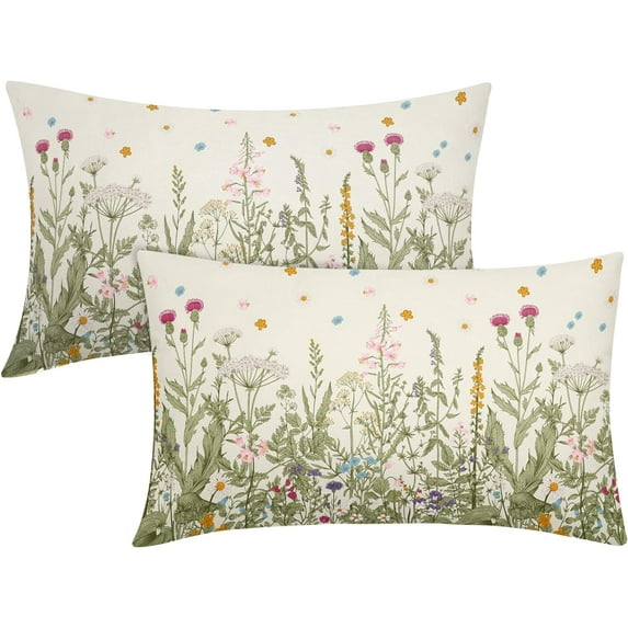 Spring Floral Lumbar Pillow Covers 12x20 Inch Set of 2 Sage Green Herbs Yellow Flowers Botanical Decorative Throw Pillows Summer Leaves Pillow Cases Farmhouse Home Decor for Sofa Couch Outdoor