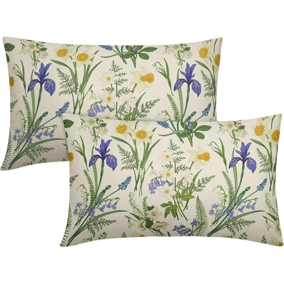 Spring Floral Lumbar Pillow Covers 12x20 Set of 2 White Purple Hyacinth Daffodils Green Botanical Print Vintage Rectangle Decorative Throw Pillow Cases Outdoor Farmhouse Decor for Sofa Couch Bed