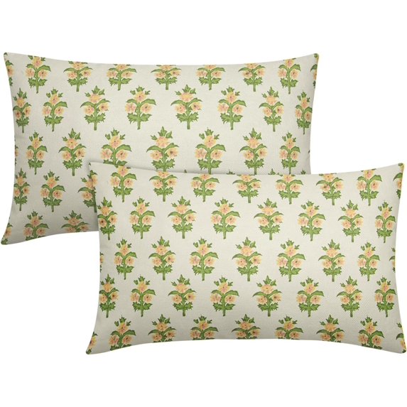 Spring Floral Lumbar Pillow Covers 22x22 Set of 2 Green Pink Yellow Flower Leaves Print Rectangle Decorative Throw Pillow Cases Outdoor Farmhouse Decoration for Sofa Couch Bed