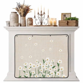 Spring Floral Magnetic Fireplace Cover, Fireplace Draft Blocker, White Daisy Farmhouse Linen Texture Fireplaces Blanket for Heat Loss/Cold Air, Fireplaces Draft Stopper Cover for Inside 45"x34"