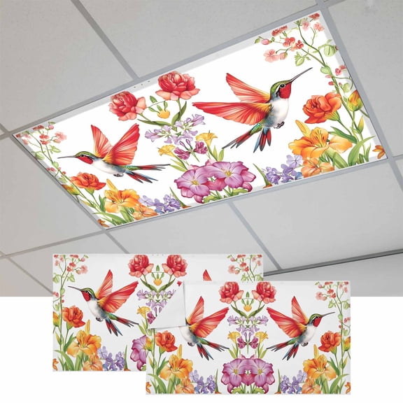 Spring Floral Magnetic Fluorescent Light Covers for Ceiling Lights 2x4Ft, Pastoral Summer Plants Flowers Birds Office Classroom Kitchen Drop Ceiling Light Covers Lighting Filters Shade Panel 2Packs