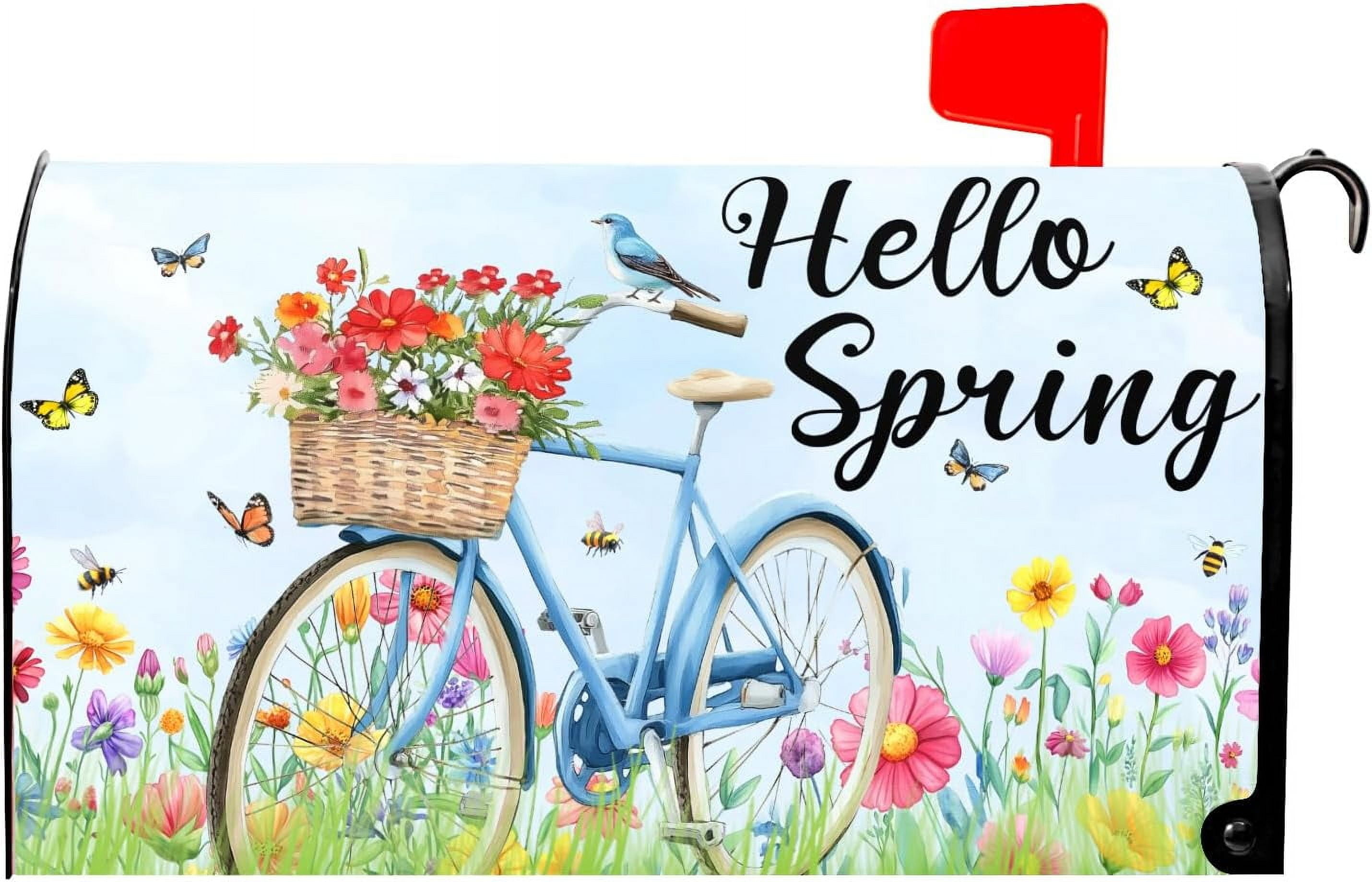 Spring Floral Magnetic Mailbox Cover Blue Flower Bird Mailbox Cover Magnetic Standard Size 21 X 25.5 Inch Butterfly Mailbox Post Cover Mailbox Wraps Mailbox Decor for Home Garden Outdoor Yard