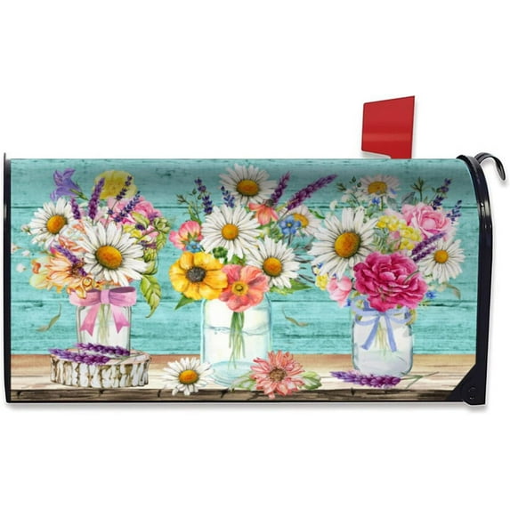 Spring Floral Mailbox Cover, Floral Jars Rustic Magnetic Mailbox Cover Letter Post Box Cover Wrap Decoration Welcome Home Garden Outdoor 21" Lx 18" W