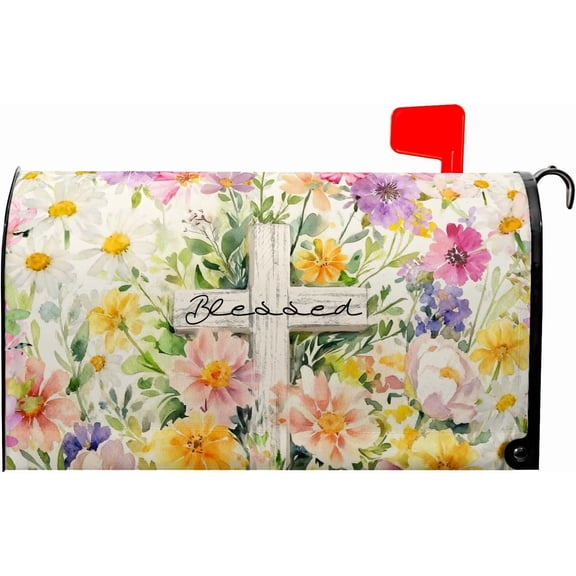 Spring Floral Mailbox Cover Magnetic Standard Size Easter Cross Mailbox Covers 21x18 Inch Easter Mail Box Wrap Post Letter Box Wraps for Garden Yard Home Decor