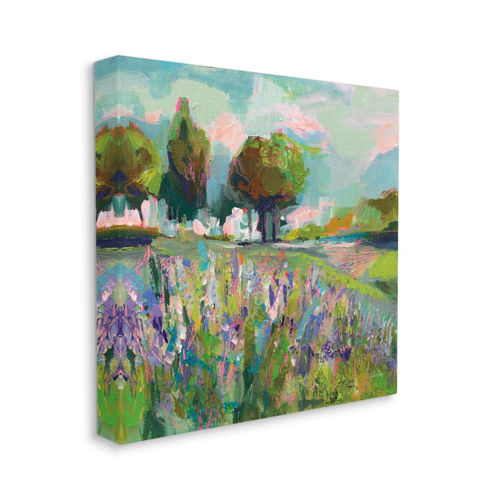 Spring Floral Meadow Tree Landscape Flower Painting Landscape Gallery-Wrapped Canvas Print Wall Art, 17x17