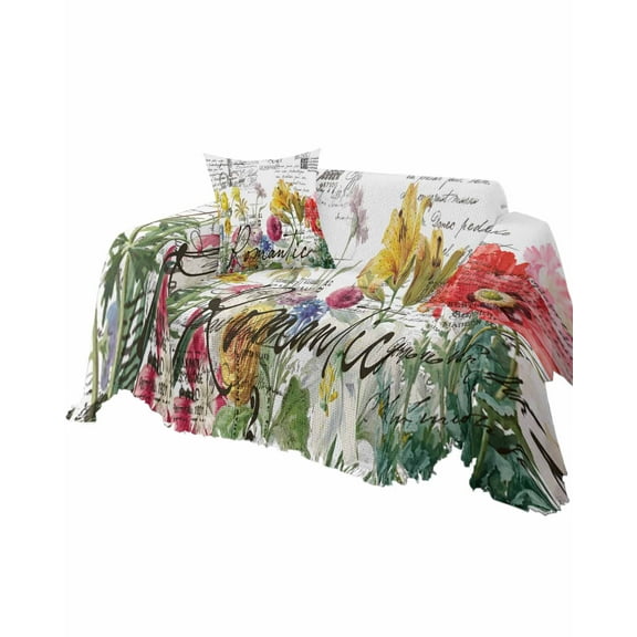 Spring Floral Newspaper Retro Flower Watercolor Sofa Couch Covers for Dog,Washable Sectional Couch Slipcoverfor Loveseat with Tassels,Non Slip Sofa Throw Cover Blanket Large 71''x102''