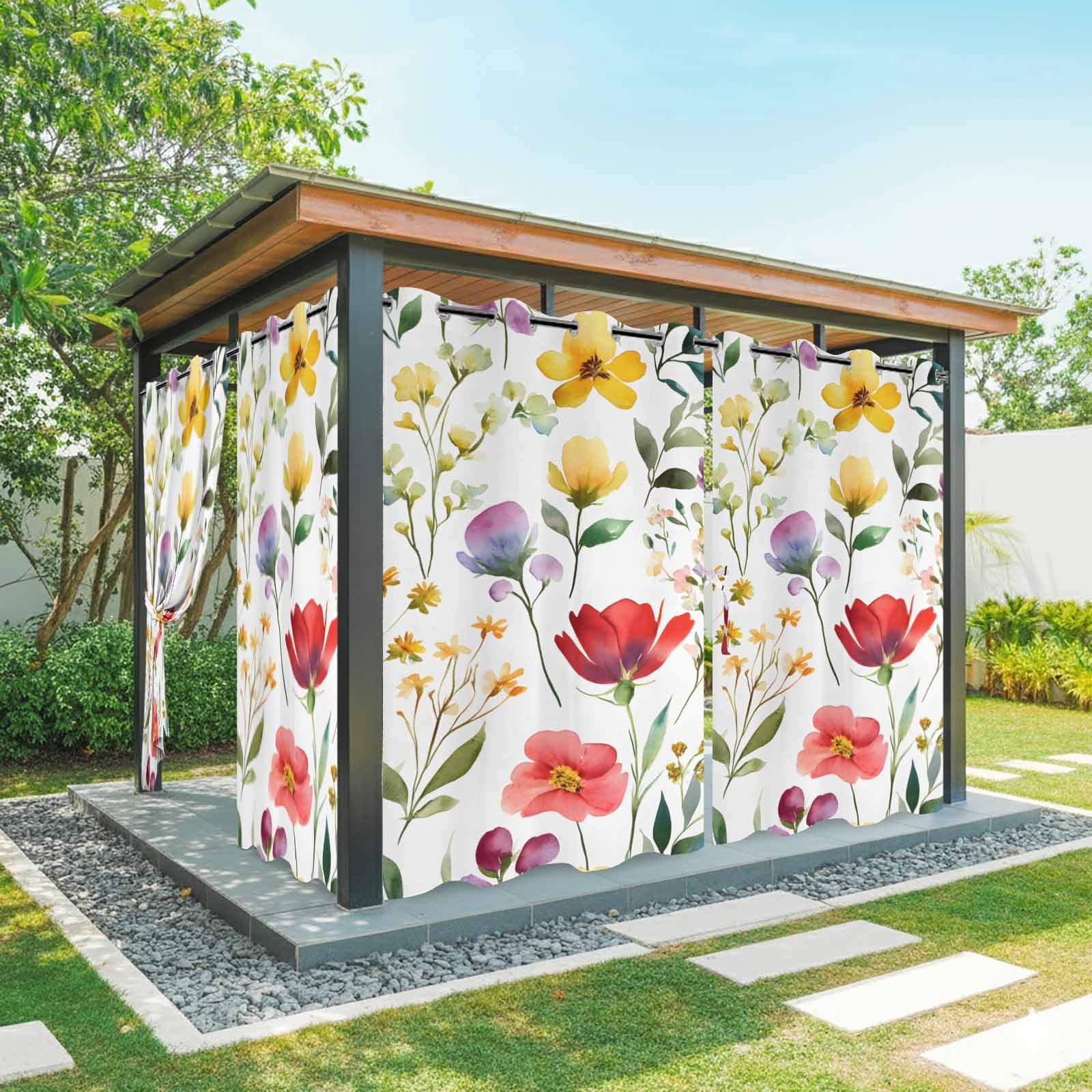 Spring Floral Outdoor Curtains for Patio, Gradient Red Purple Yellow Flowers Romantic Farmhouse Waterproof Outside Curtains Privacy Blackout Curtain for Porch Pergola Cabana, 2 Panel 54W x 108L Inch