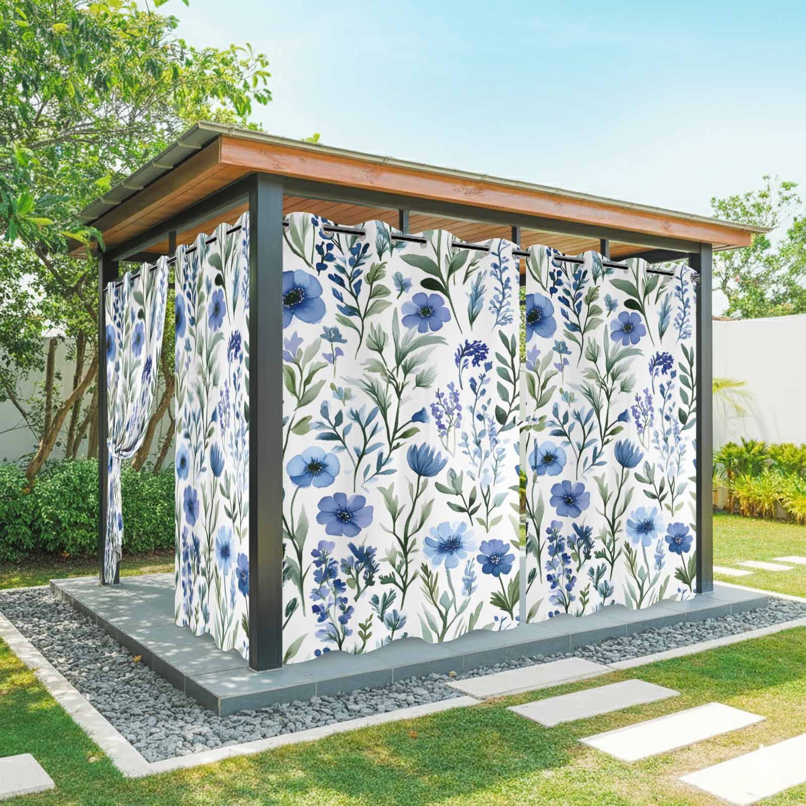 Spring Floral Outdoor Curtains for Patio Waterproof, Blue Flower Sage ...