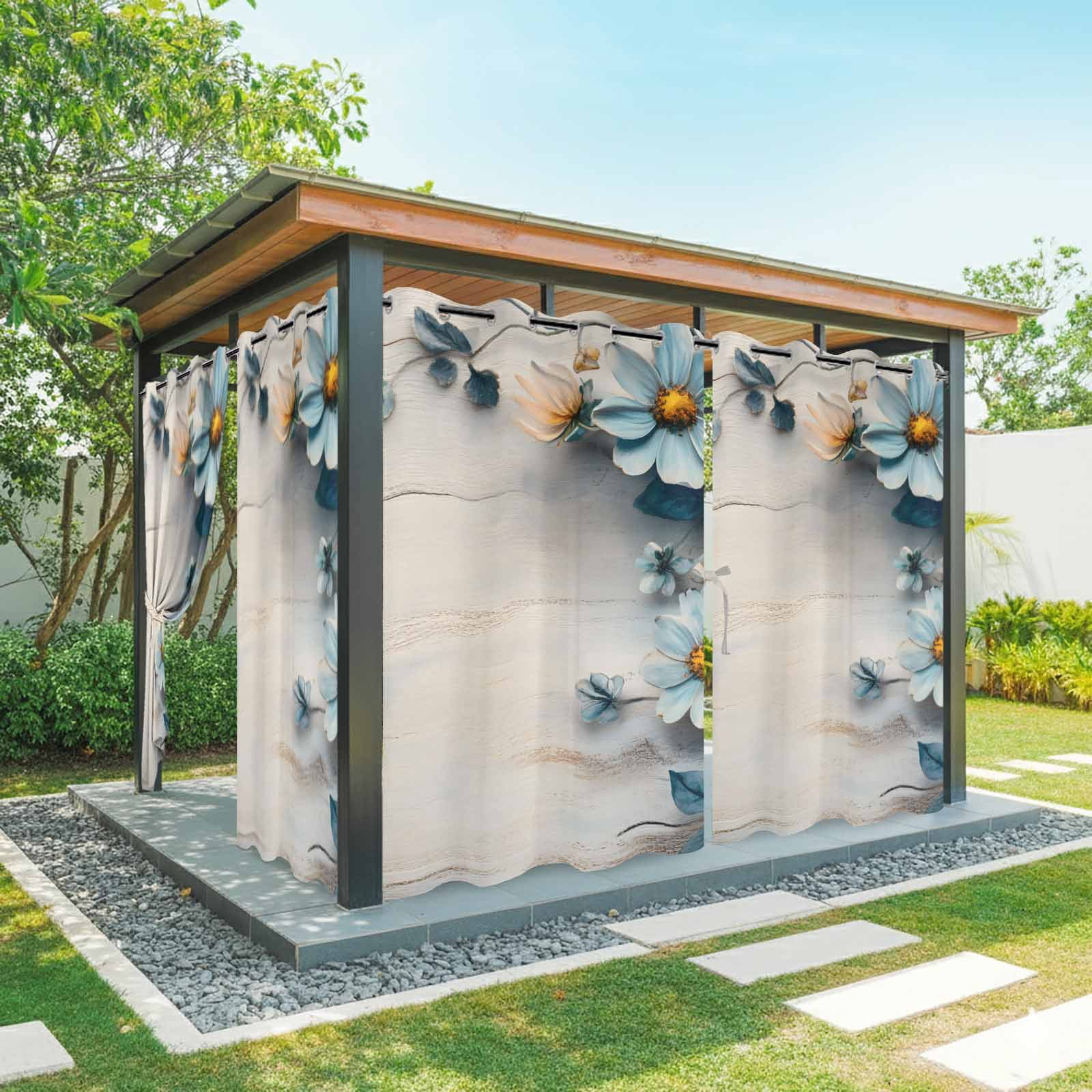 Waterproof Spring Spring Floral Outdoor Curtains for Patio Waterproof, Retro Blue Flower ...
