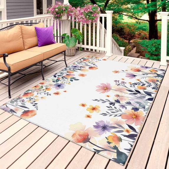 Spring Floral Outdoor Rug 3x5 Ft, Non Slip Washable Area Rug, Elegant Flowers Farmhouse Botanical Patio Rugs Carpet Runner, Large Floor Mat for Indoor/Outdoor Deck Porch Camping