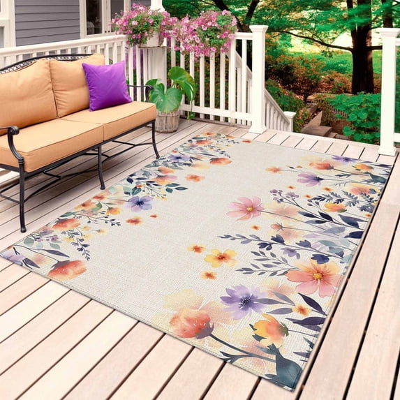 Spring Floral Outdoor Rug 4x6 Ft, Non Slip Washable Area Rug, Elegant Flowers Farmhouse Botanical Rustic Patio Rugs Carpet Runner, Large Floor Mat for Indoor/Outdoor Deck Porch Camping