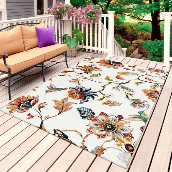 Spring Floral Outdoor Rug 5x7 Ft, Non Slip Washable Area Rug, Summer Botanical Flowers Vintage Birds Patio Rugs Carpet Runner, Large Floor Mat for Indoor/Outdoor Deck Porch Camping