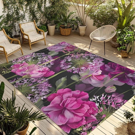 Spring Floral Outdoor Rug 5x7 Ft - Reversible Patio Rug Outdoor Camping Rugs, Pink Purple Lily Dandelion Leaves Botanical Indoor Outdoor Area Rugs, Non-Slip Outdoor Carpet Runner for Deck/Porch