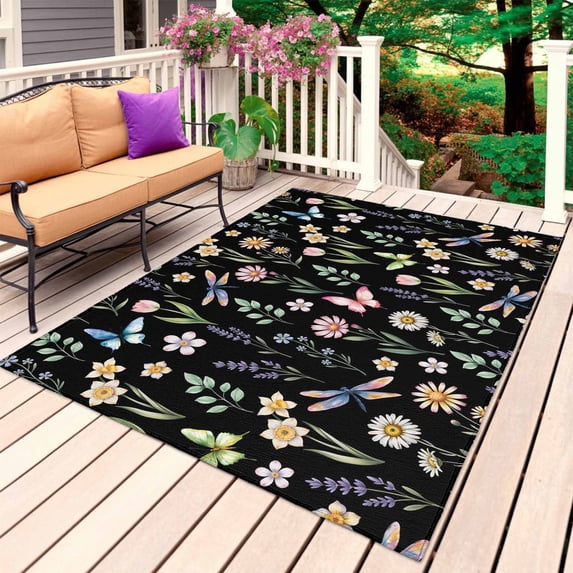 Spring Floral Outdoor Rug 6x9 Ft, Non Slip Washable Area Rug, Elegant Pastoral Flowers Dragonfly Black Patio Rugs Carpet Runner, Large Floor Mat for Indoor/Outdoor Deck Porch Camping