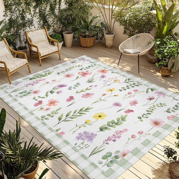 Spring Floral Outdoor Rug for Patio/Deck/Porch, Non-Slip Large Area Rug 3 x 5 Ft, Pink Flowers Sage Green Plaid Pastoral Indoor Outdoor Rugs Washable Area Rugs, Reversible Camping Rug Carpet Runner