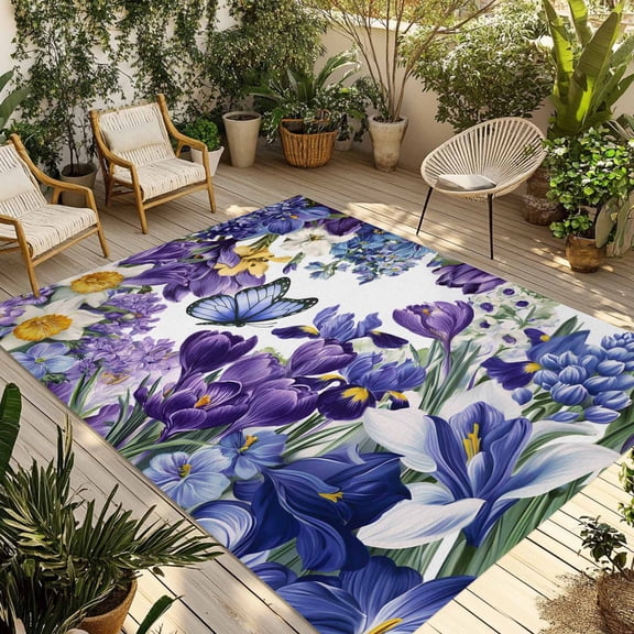 Spring Floral Outdoor Rug for Patio/Deck/Porch, Non-Slip Large Area Rug 3 x 5 Ft, Purple Tulips Hydrangeas Butterflies Flowers Indoor Outdoor Rugs Washable Area Rugs, Camping Rug Carpet Runner