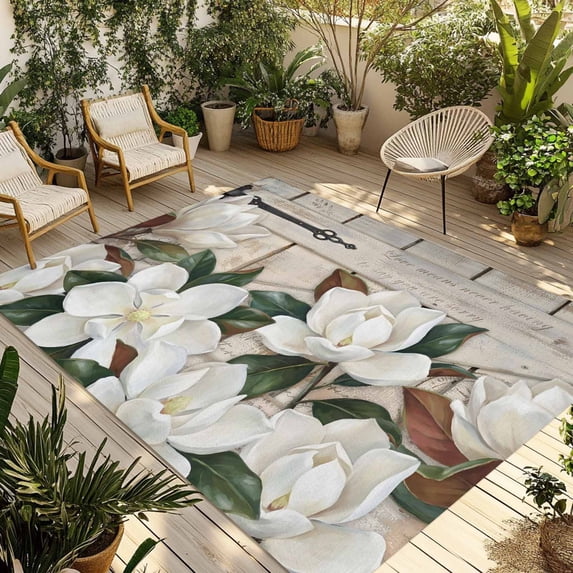 Spring Floral Outdoor Rug for Patio/Deck/Porch, Non-Slip Large Area Rug 3 x 5 Ft, White Magnolia Flowers Barn Door Farmhouse Beige Indoor Outdoor Rugs Washable Area Rugs, Camping Rug Carpet Runner