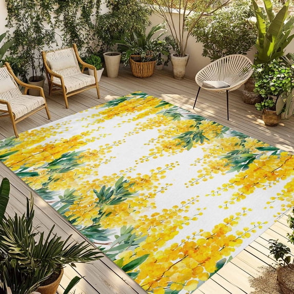 Spring Floral Outdoor Rug for Patio/Deck/Porch, Non-Slip Large Area Rug 3 x 5 Ft, Yellow Flowers Green Leaves Rustic Botanical Indoor Outdoor Rugs Washable Area Rugs, Camping Rug Carpet Runner