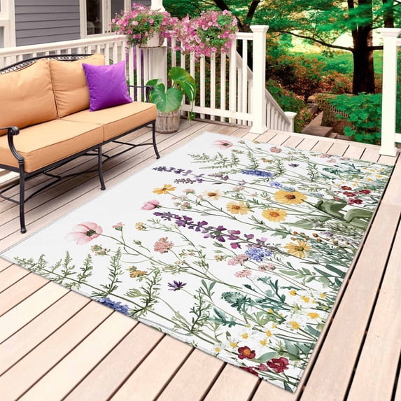 Spring Floral Outdoor Rug for Patio/Deck/Porch, Non-Slip Large Area Rug 4 x 6 Ft, Pastoral Summer Botanical Flowers Herb Indoor Outdoor Rugs Washable Area Rugs, Reversible Camping Rug Carpet Runner