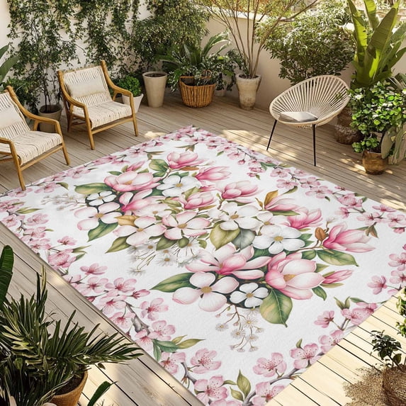 Spring Floral Outdoor Rug for Patio/Deck/Porch, Non-Slip Large Area Rug 4 x 6 Ft, Retro Pink Orchid Flowers Leaves Botanical Indoor Outdoor Rugs Washable Area Rugs, Camping Rug Carpet Runner