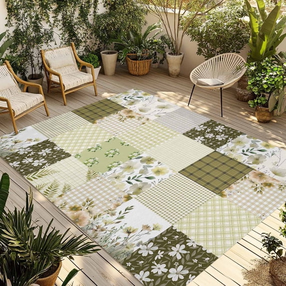 Spring Floral Outdoor Rug for Patio/Deck/Porch, Non-Slip Large Area Rug 4 x 6 Ft, Yellow Flowers Botanical Patchwork Grid Bohemia Indoor Outdoor Rugs Washable Area Rugs, Camping Rug Carpet Runner