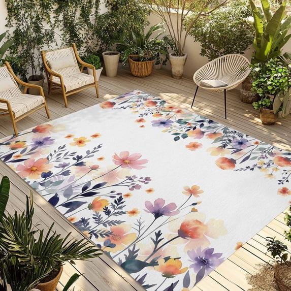Spring Floral Outdoor Rug for Patio/Deck/Porch, Non-Slip Large Area Rug 5 x 7 Ft, Elegant Flowers Farmhouse Botanical Indoor Outdoor Rugs Washable Area Rugs, Reversible Camping Rug Carpet Runner