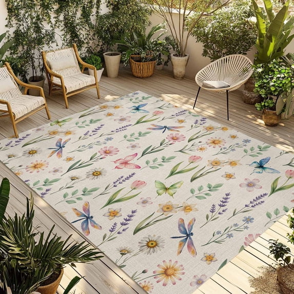 Spring Floral Outdoor Rug for Patio/Deck/Porch, Non-Slip Large Area Rug 5 x 7 Ft, Elegant Pastoral Flowers Dragonfly Rustic Indoor Outdoor Rugs Washable Area Rugs, Camping Rug Carpet Runner