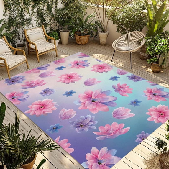 Spring Floral Outdoor Rug for Patio/Deck/Porch, Non-Slip Large Area Rug 5 x 7 Ft, Purple Pink Blue Flower Botanical Ombre Indoor Outdoor Rugs Washable Area Rugs, Reversible Camping Rug Carpet Runner