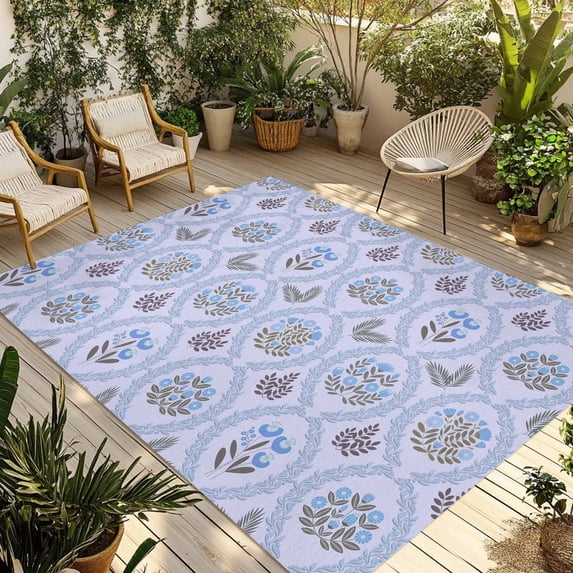 Spring Floral Outdoor Rug for Patio/Deck/Porch, Non-Slip Large Area Rug 5 x 7 Ft, Retro Flowers Leaves Botanical Light Blue Indoor Outdoor Rugs Washable Area Rugs, Camping Rug Carpet Runner