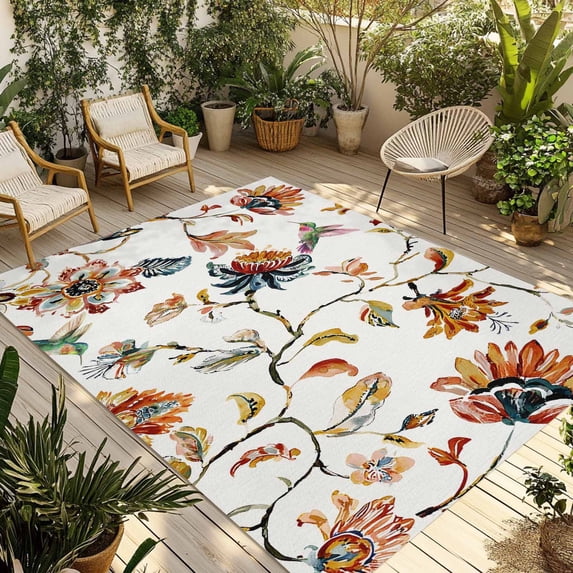 Spring Floral Outdoor Rug for Patio/Deck/Porch, Non-Slip Large Area Rug 5 x 7 Ft, Summer Botanical Flowers Vintage Birds Indoor Outdoor Rugs Washable Area Rugs, Reversible Camping Rug Carpet Runner