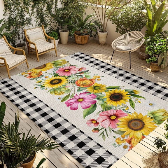 Spring Floral Outdoor Rug for Patio/Deck/Porch, Non-Slip Large Area Rug 5 x 7 Ft, Sunflower Black White Plaid Pastoral Rustic Indoor Outdoor Rugs Washable Area Rugs, Camping Rug Carpet Runner