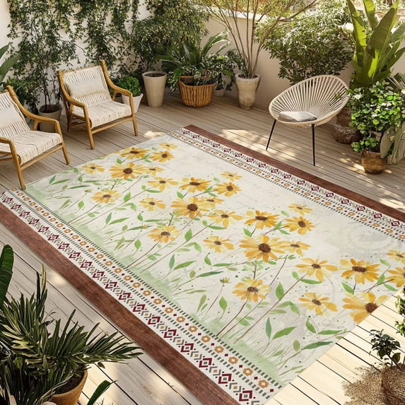 Spring Floral Outdoor Rug for Patio/Deck/Porch, Non-Slip Large Area Rug 5 x 7 Ft, Vintage Pastoral Flowers Retro Art Indoor Outdoor Rugs Washable Area Rugs, Reversible Camping Rug Carpet Runner