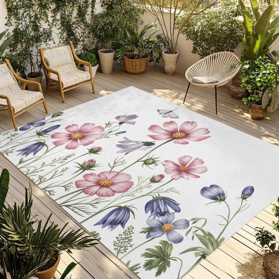 Spring Floral Outdoor Rug for Patio/Deck/Porch, Non-Slip Large Area Rug 5 x 8 Ft, Elegant Pastoral Flowers Watercolor Indoor Outdoor Rugs Washable Area Rugs, Reversible Camping Rug Carpet Runner