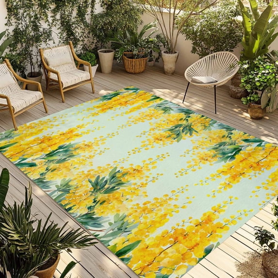 Spring Floral Outdoor Rug for Patio/Deck/Porch, Non-Slip Large Area Rug 6 x 9 Ft, Yellow Flowers Green Leaves Botanical Blue Indoor Outdoor Rugs Washable Area Rugs, Camping Rug Carpet Runner