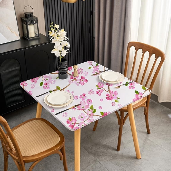 Spring Floral Outdoor Square Tablecloth 36" x 36" Inch Fitted Card Table Cover with Elastic Stretchy Washable Fabric Patio Table Cover Wrinkle Free Non Slip Cute Pink Flower