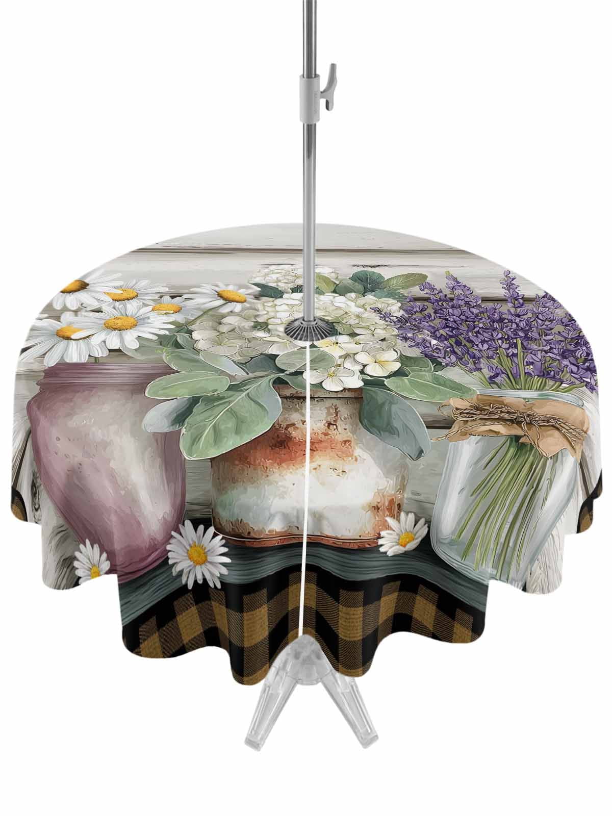 Spring Floral Outdoor Tablecloth - 54 Inch Round Dining Table Cover, Pastoral Bottle Flowers Wood Brown Plaid Waterproof Outdoor Table Cloth with Umbrella Hole & Zipper for Picnic/Patio/Party