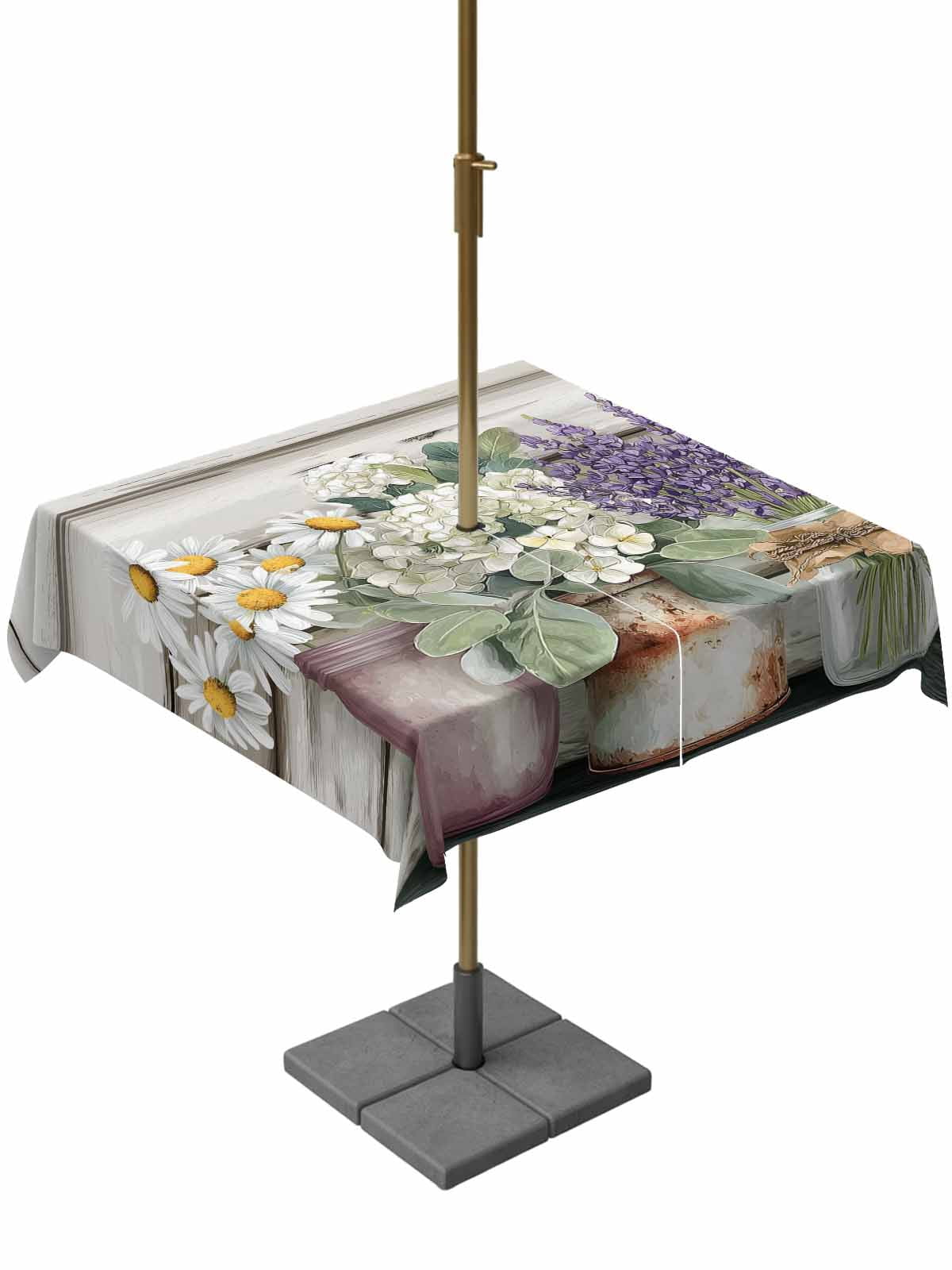 Spring Floral Outdoor Tablecloth - 54x54 Inch Square Dining Table Cover, Pastoral Bottle Daisy Lavender Gray Wooden Waterproof Outdoor Table Cloth with Umbrella Hole & Zipper for Picnic/Patio/Party