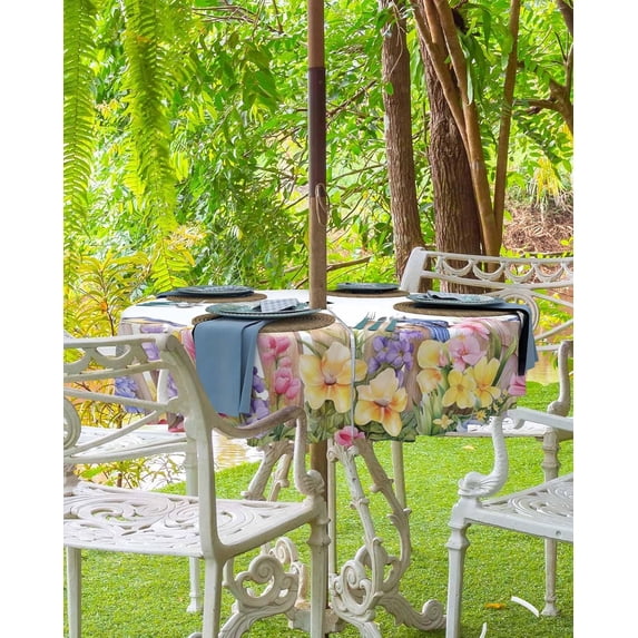 Spring Floral Outdoor Tablecloth - 54x54 Inch Square Dining Table Cover, Summer Birds Botanical Fence Waterproof Outdoor Table Cloth with Umbrella Hole & Zipper for Picnic/Patio/Party