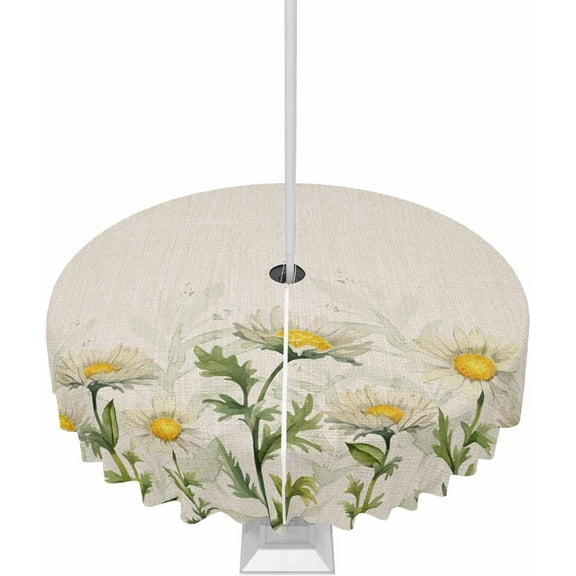 Spring Floral Outdoor Tablecloth - 60 Inch Round Dining Table Cover, Summer Daisy Watercolor Rustic Waterproof Outdoor Table Cloth with Umbrella Hole & Zipper for Picnic/Patio/Party