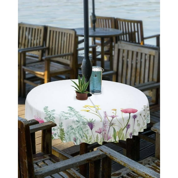 Spring Floral Outdoor Tablecloth - 60 Inch Round Dining Table Cover, Watercolor Botanical Summer Elegant Waterproof Outdoor Table Cloth with Umbrella Hole & Zipper for Picnic/Patio/Party