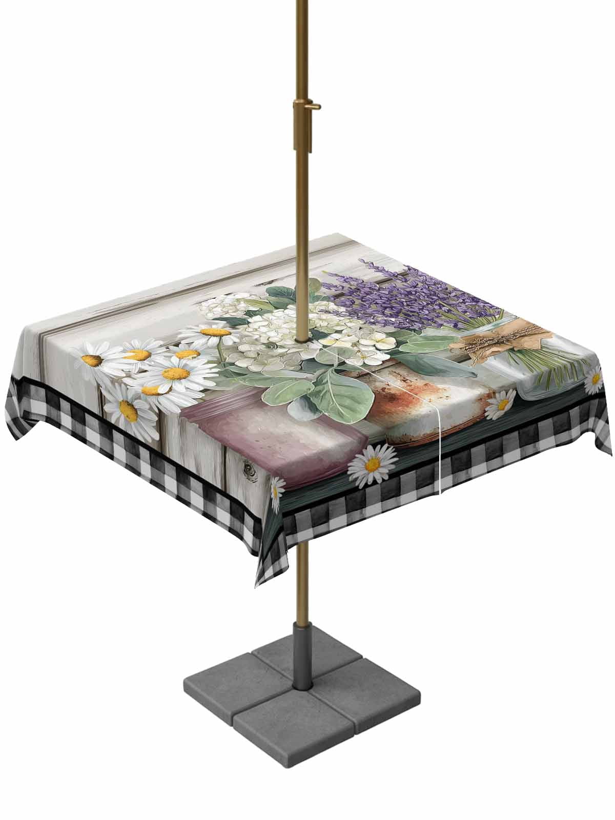 Spring Floral Outdoor Tablecloth - 60x60 Inch Square Dining Table Cover, Pastoral Bottle Flowers Wood Black Plaid Waterproof Outdoor Table Cloth with Umbrella Hole & Zipper for Picnic/Patio/Party