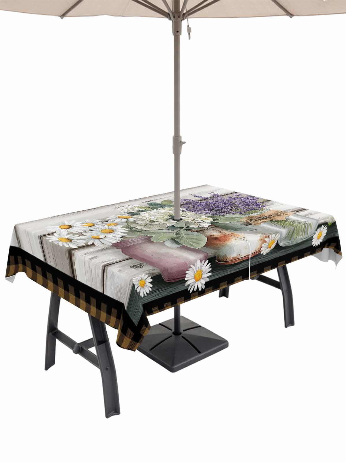 Spring Floral Outdoor Tablecloth - 60x84 Inch Rectangle Dining Table Cover, Pastoral Bottle Flowers Wood Brown Plaid Waterproof Outdoor Table Cloth with Umbrella Hole & Zipper for Picnic/Patio/Party