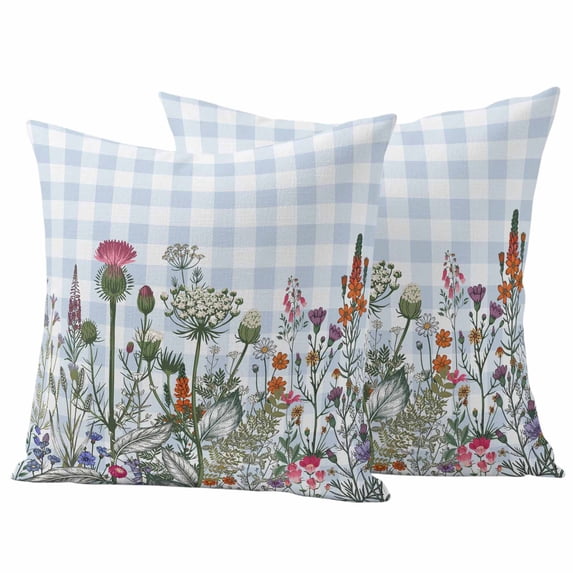 Spring Floral Outdoor Waterproof Pillow Covers, Blue Plaid Botanical Flowers Butterfly Decorative Square Throw Pillowcase Sofa Cushion Sham for Patio/Couch/Chair, 18"x18" 2 Pack