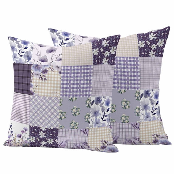 Spring Floral Outdoor Waterproof Pillow Covers, Dark Purple Flowers Patchwork Grid Bohemia Decorative Square Throw Pillowcase Sofa Cushion Sham for Patio/Couch/Chair, 20"x20" 2 Pack