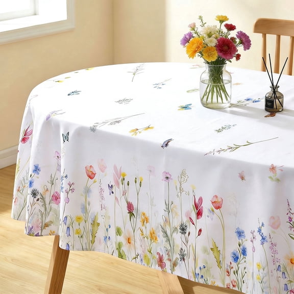 Spring Floral Oval Tablecloth 54x72in, Waterproof Wrinkle Resistant Flower Table Cover for Dining Decor
