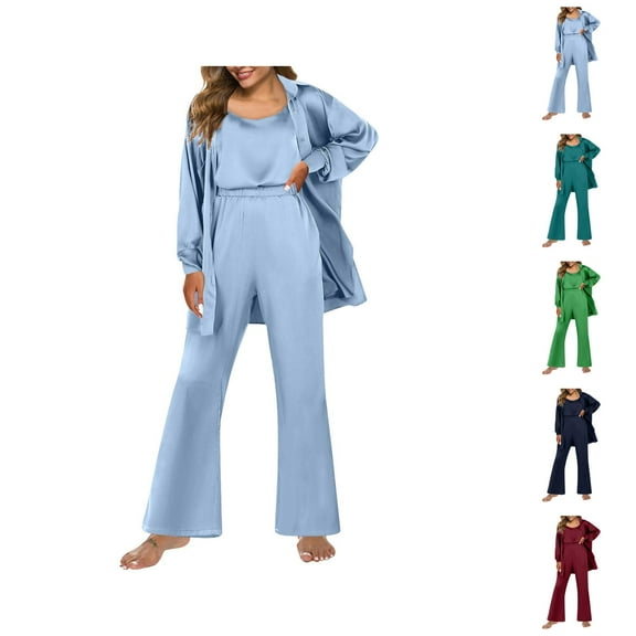 Spring Floral Pajama Sets – Lounge Sets for Women & Sleepwear Sets Women's Pajama Set Three Piece Short Sleeved Pajama Button Pajama Casual Set With Long Pants