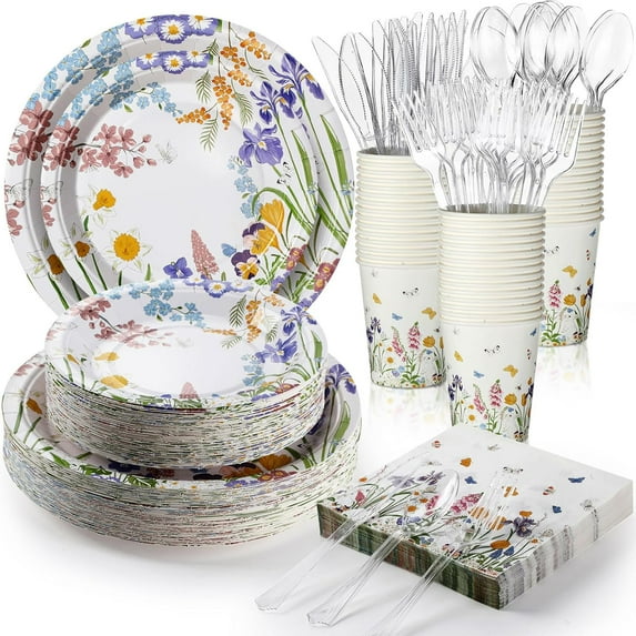 Spring Floral Party Decoration Paper Plates Disposable Tableware Napkins Cups Knives Forks Spoons for Guests Floral Party Tableware for Birthday