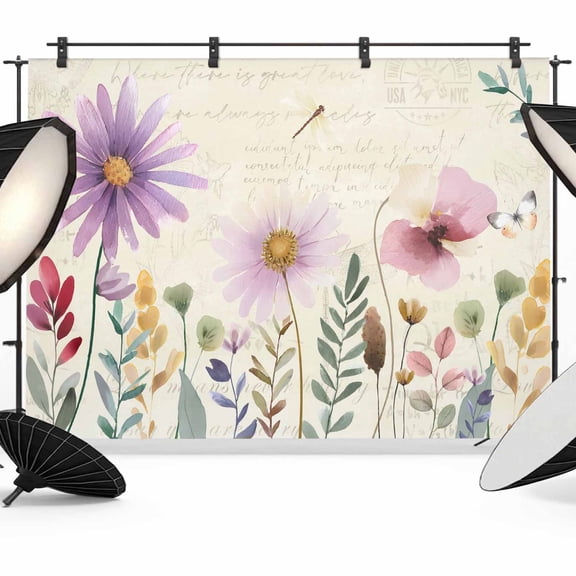 Spring Floral Photography Backdrop 7x5FT, Purple Wildflowers Watercolor Leaves Plant Beige Letter Photo Backdrops, Background for Photography Studio Photo Studio Background, Back Drop for Photoshoot