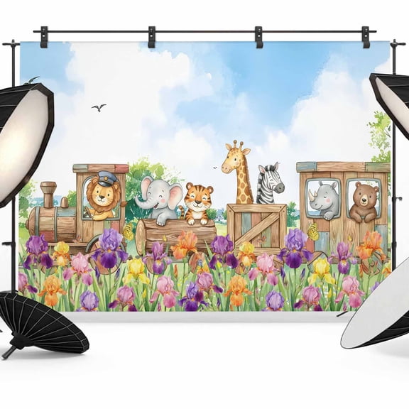 Spring Floral Photography Backdrop 7x5FT, Toy Wooden Train Cute Zebra Lion Bear Cartoon Elephant Photo Backdrops, Background for Photography Studio Photo Studio Background, Back Drop for Photoshoot