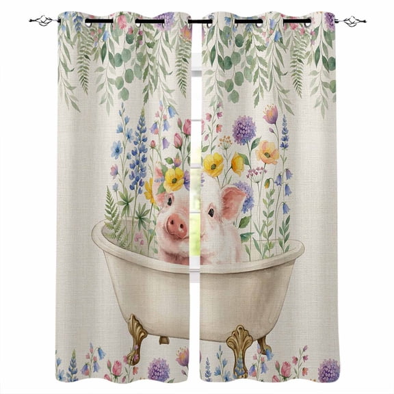 Spring Floral Pig Blackout Curtains for Bedroom, Weeping Flowers Leaves Farmhouse Rustic Thermal Insulated Kitchen Drapes with Grommets, Light Blocking Window Treatment, 2 Panels 42" x 54"